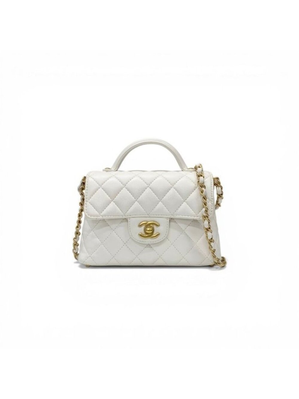 Chanel Shoulder Bag White Gold Quilted Small Flap Top Handle Turnlock CC Logo